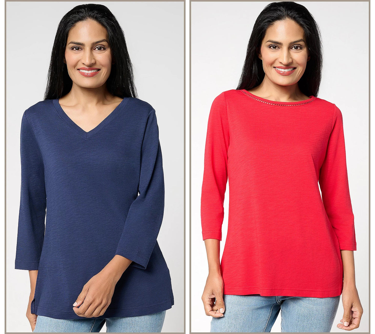 Set of 2 3/4 Sleeve Slub Knit Tops